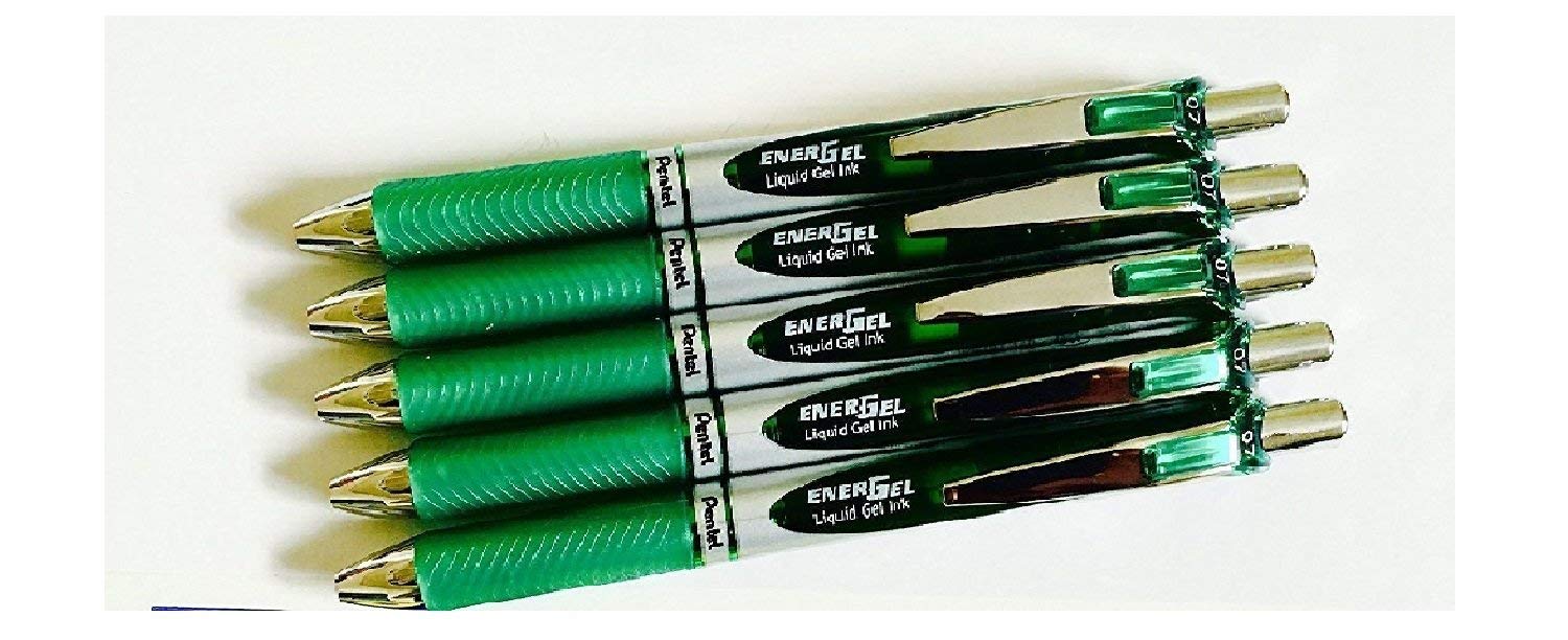 5x PENTEL BL77 ENERGEL RETRACTABLE ROLLER BALL PENS. GREEN INK. 0.7mm METAL TIP. RUBBER GRIP. BL77-D x5