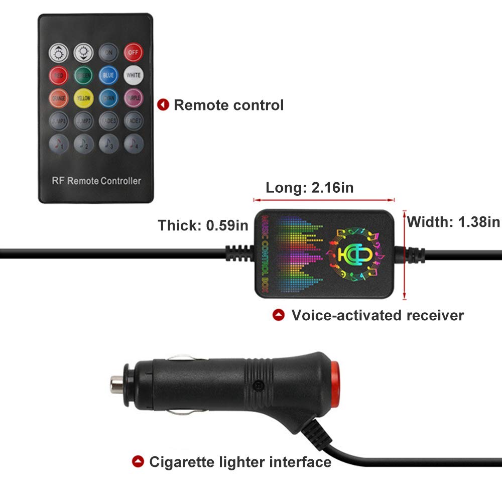 FICBOX Car LED Strip Lights, 4pcs 48 LED Multi Color Music Car Strip Light Under Dash Lighting Waterproof Kit with Sound Active Function and Wireless Remote Control,Car Charger Included