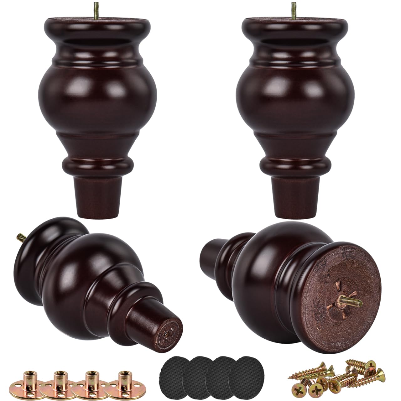 Btowin 5 Inch / 12cm Solid Wood Furniture Legs, 4Pcs Mid-Century Modern Walnut Turned Wooden Bun Feet with Threaded M8 Hanger Bolts & Mounting Plate & Screws for Sofa Couch Cabinet Armchair Recliner