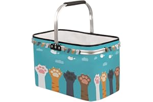 PARDICK Cat Paw Print Market Basket Collapsible Large Picnic Basket Cute Animal Shopping Basket with Handle Heavy Duty Reusable Grocery Bags Folding Picnic Baskets for Shopping, Beach, Camping, Travel