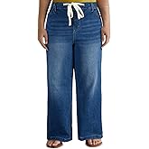 Eytino Women's Plus Size Wide Leg Jeans Elastic Waist Drawstring Stretchy Denim Pants with Pockets(1X-5X)