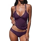 CUPSHE Women's Tankini Sets Two Piece Swimsuit V Neck Crisscross Adjustable Double Straps Ruched Mid Rise