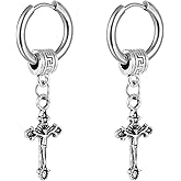 MALOYANVE Titanium Steel Cross Hoop Earrings Punk Cool Minimalist Cross Dangling Hanging Dangle Drop Huggie Hinged Hoop Cross Earrings for Men Women Gothic Jewelry (Silver Cross)
