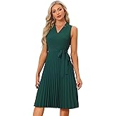 Allegra K Sleeveless Pleated Dress for Women's Work Casual V Neck Tie Waist A-line Midi Dresses