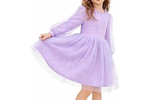 Girls Long Sleeve Sequin Tulle Dress Wave Pattern Crew Neck Layered Lantern Sleeves Casual Winter Christmas 3-7 Years