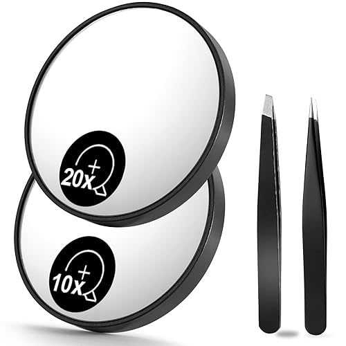 OMIRO 10X & 20X Magnifying Mirrors and Two Eyebrow Tweezers Kits, 3.5" Two Suction Cups Magnifier Travel Set