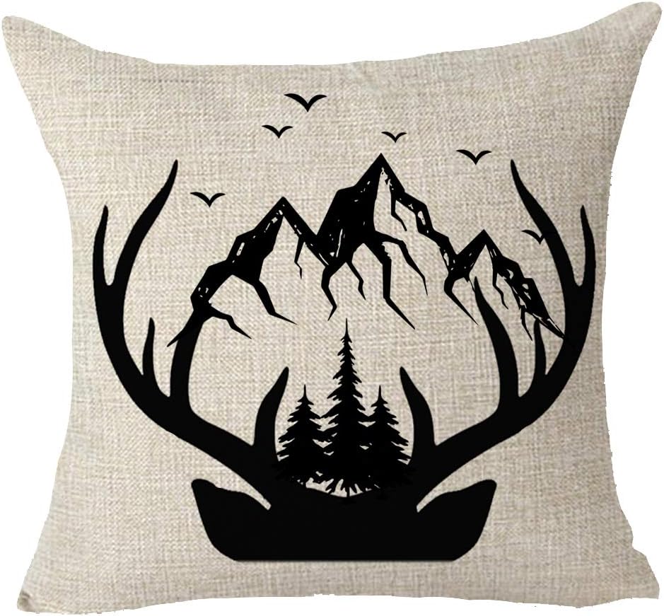 FELENIW Nordic Geometry Forest Tree Pine Mountain Range Birds Wild Animal Antlers Deer Head Mountain Range Throw Pillow Cover Cushion Case Cotton Linen Material Decorative 18x18 inches