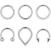 CANDYFANCY 6Pcs 16G Septum Rings Surgical Steel Nose Rings Hoop for Women Opal CZ Daith Cartilage Hoop Earring Clicker Septum Jewelry Hinged Hoop Nose Ring Lip Helix Rook Tragus Piercing Jewelry 8MM