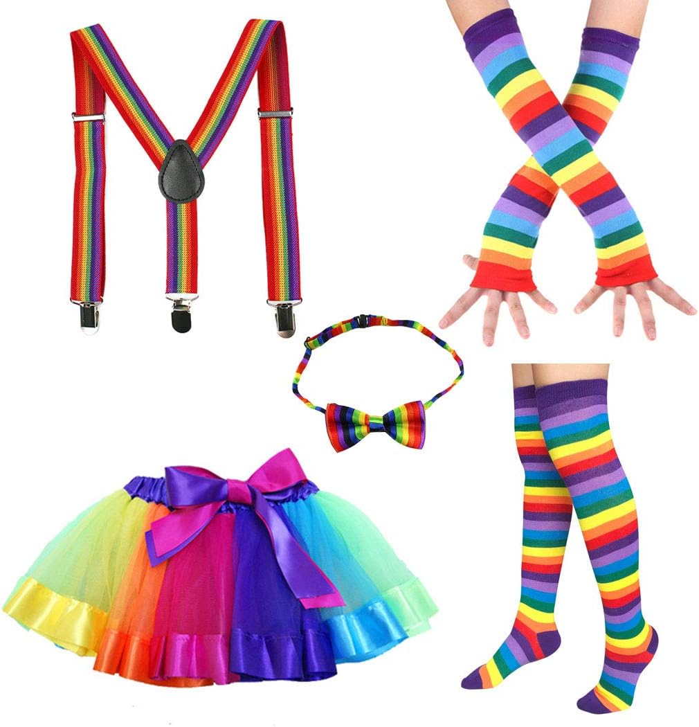 Faylapa 1970s 1980s Fancy Outfits,5 in 1 Rainbow Costume Accessories,Rainbow Tutu Skirt,Knee High Socks,Long Gloves,Bowtie,Suspenders for Cosplay Party Theme Party
