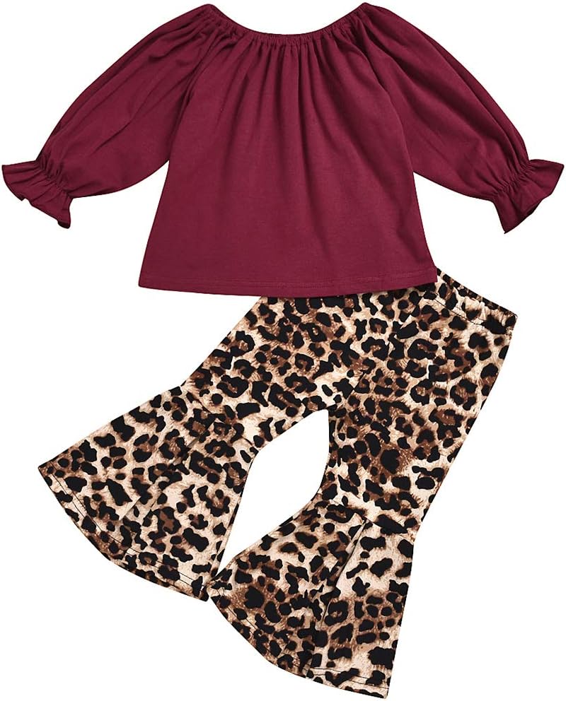 Kids Toddler Baby Girl Leopard Clothes Outfits Long Sleeve Ruffle T-Shirt Tops Flare Bell Bottom Pants Set
