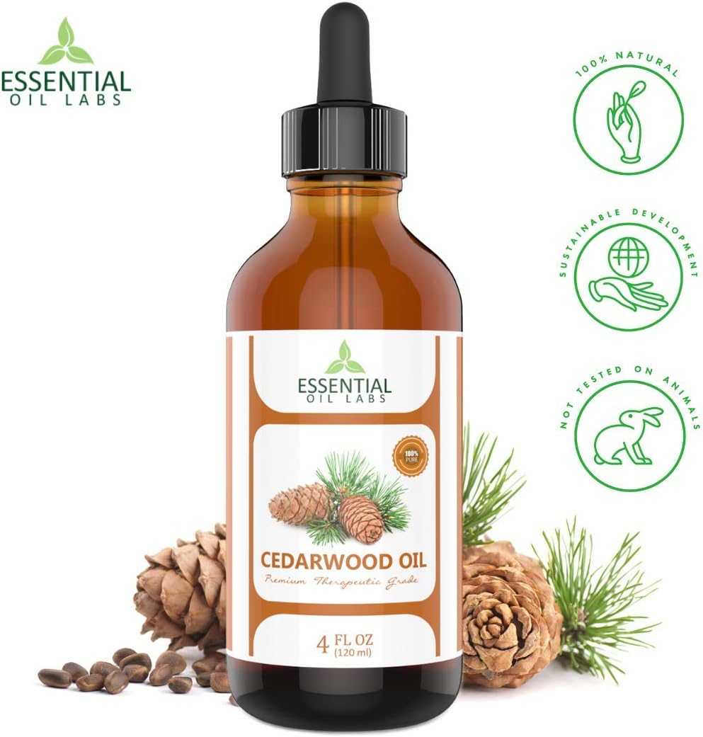 Cedarwood Oil 100% Pure and Natural - 4 Oz. with Glass Dropper - Therapeutic Grade - Excellent for Aromatherapy, Hair Growth, Improves Focus and Mood by Essential Oil Labs