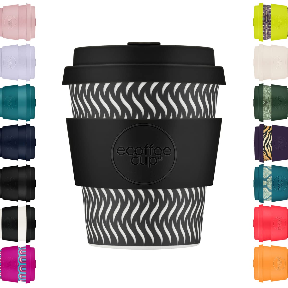 Ecoffee Cup 8oz 240ml Reusable Eco-Friendly 100% Plant Based Coffee Cup with Silicone Lid & Sleeve - Melamine Free & Biodegradable Dishwasher/Microwave Safe Travel Mug, Spin Foam