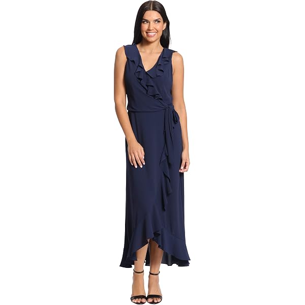 London Times Women's Dresses Chiffon Faux Wrap Ruffle Hem Maxi Dress  Versatile Polished Feminine at Amazon Women's Clothing store