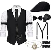 YESSA 1920s Mens Costume,Roaring 20s Costumes for Men,Gatsby Costume Men,1920s Mens Outfit Hat Vest Pocket Watch Tie