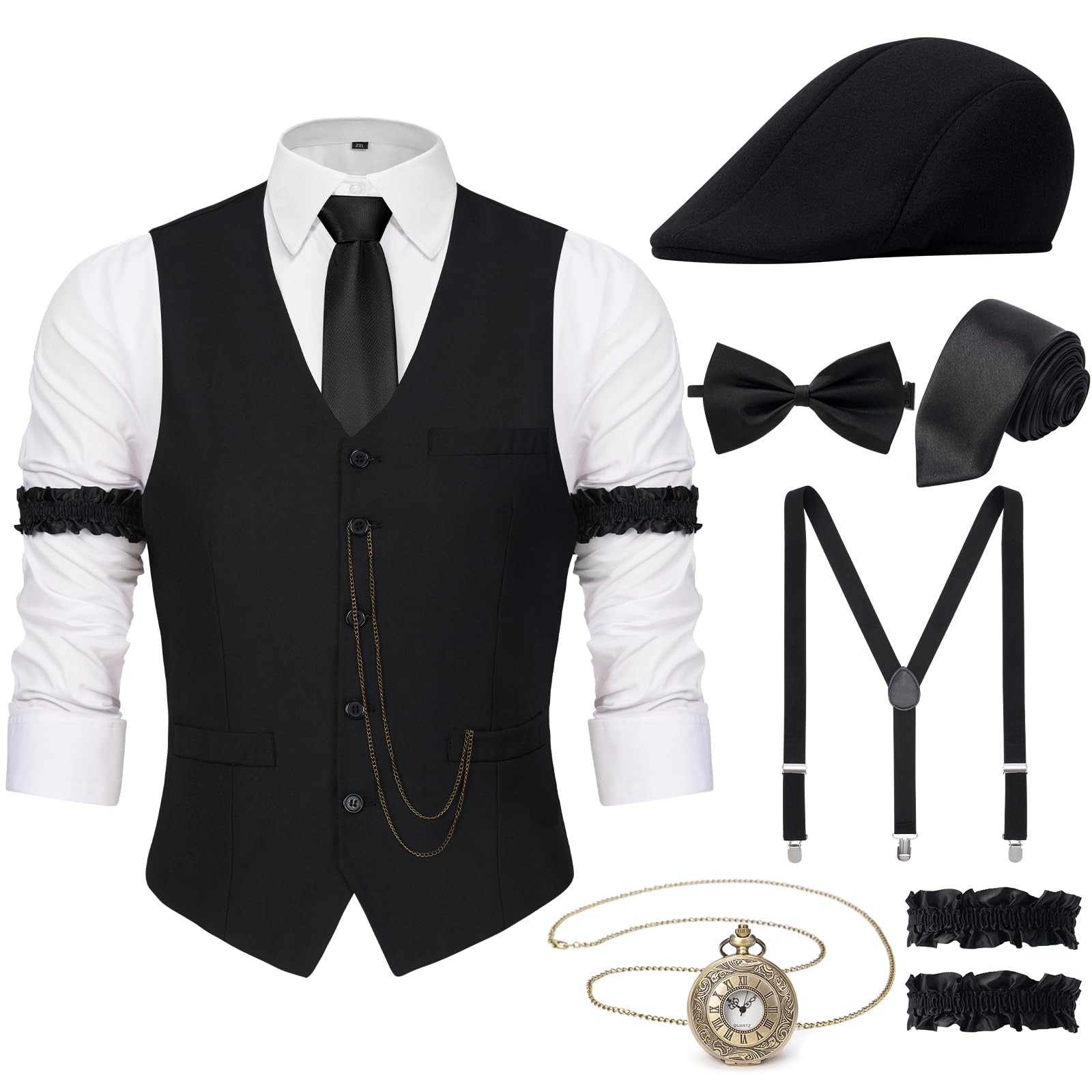 Photo 1 of YESSA 1920s Mens Costume Gatsby Gangster Costume Accessories Set-1920s Hat Vest Pocket Watch Suspenders Tie-Roaring 20s Costumes for Men Black