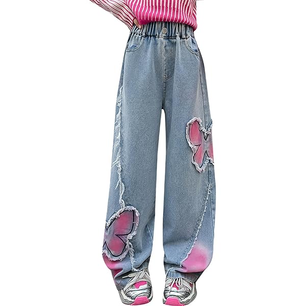 Amazon.com: Girls Streetwear Butterfly Patchwork Jeans High
