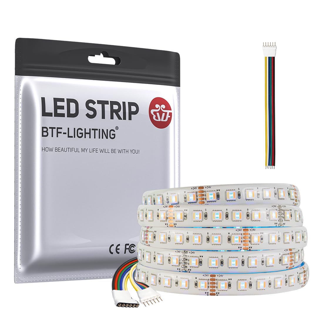 BTF-LIGHTING 5in1 RGBCCT 5050 5M 96LEDs/m 480LEDs RGB+Cold White+Warm White LED Strip DC24V Ip65 Waterproof White PCB 5 Colour in 1 LED for Room Home Decoration(Strip Only)