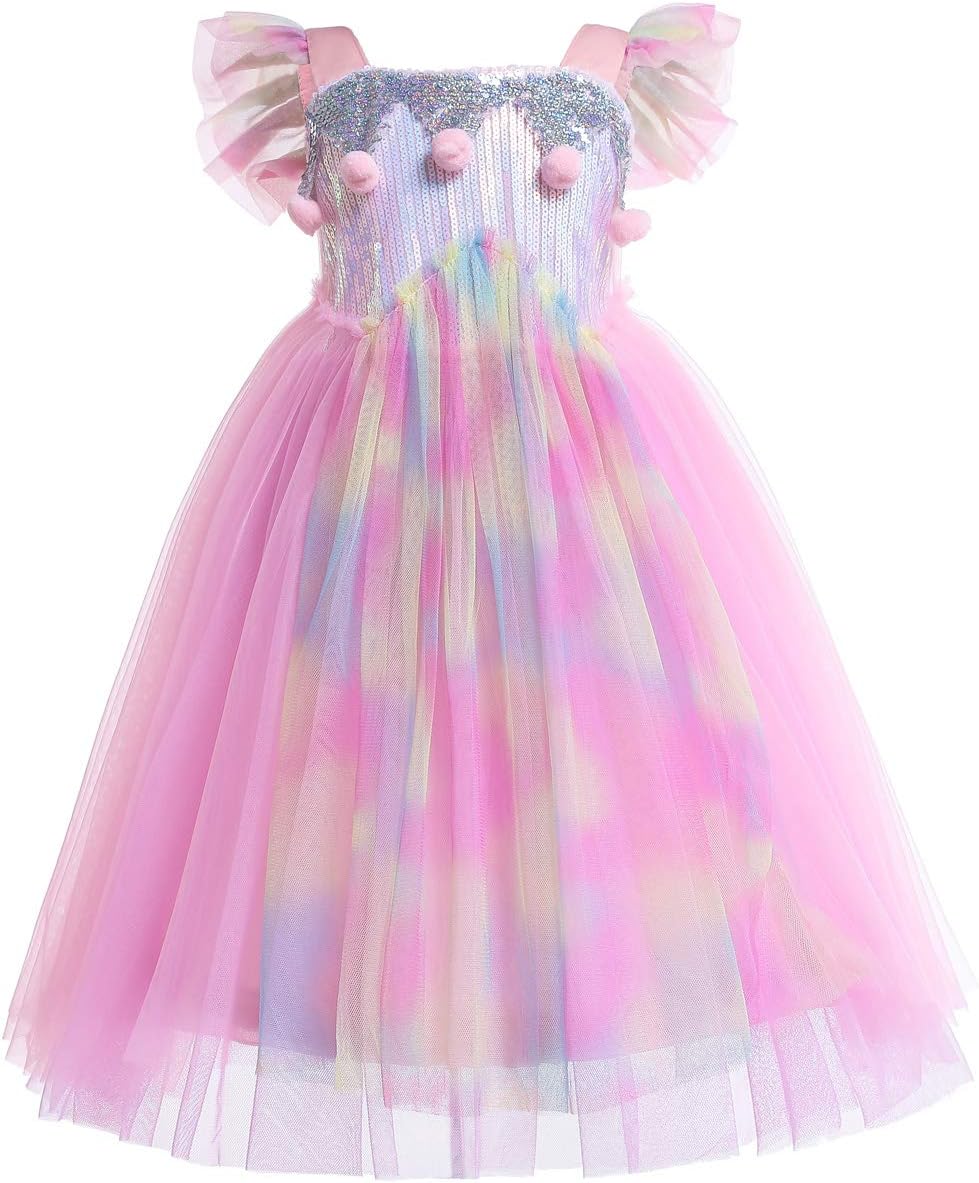 Girls Rainbow Sequins A-line Dress Flying Sleeves Soft Layers with Pom Pom Puff Balls Floral Unicorn Party Dress (130)