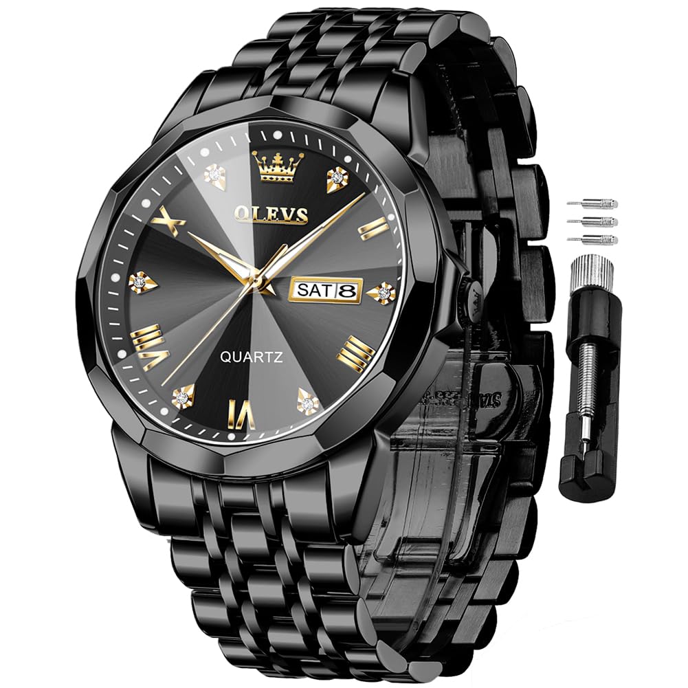 OLEVS Men's Stainless Steel Watch, Big Face Easy to Read Analog Watches, Luxury Waterproof Date Dress Watches for Man