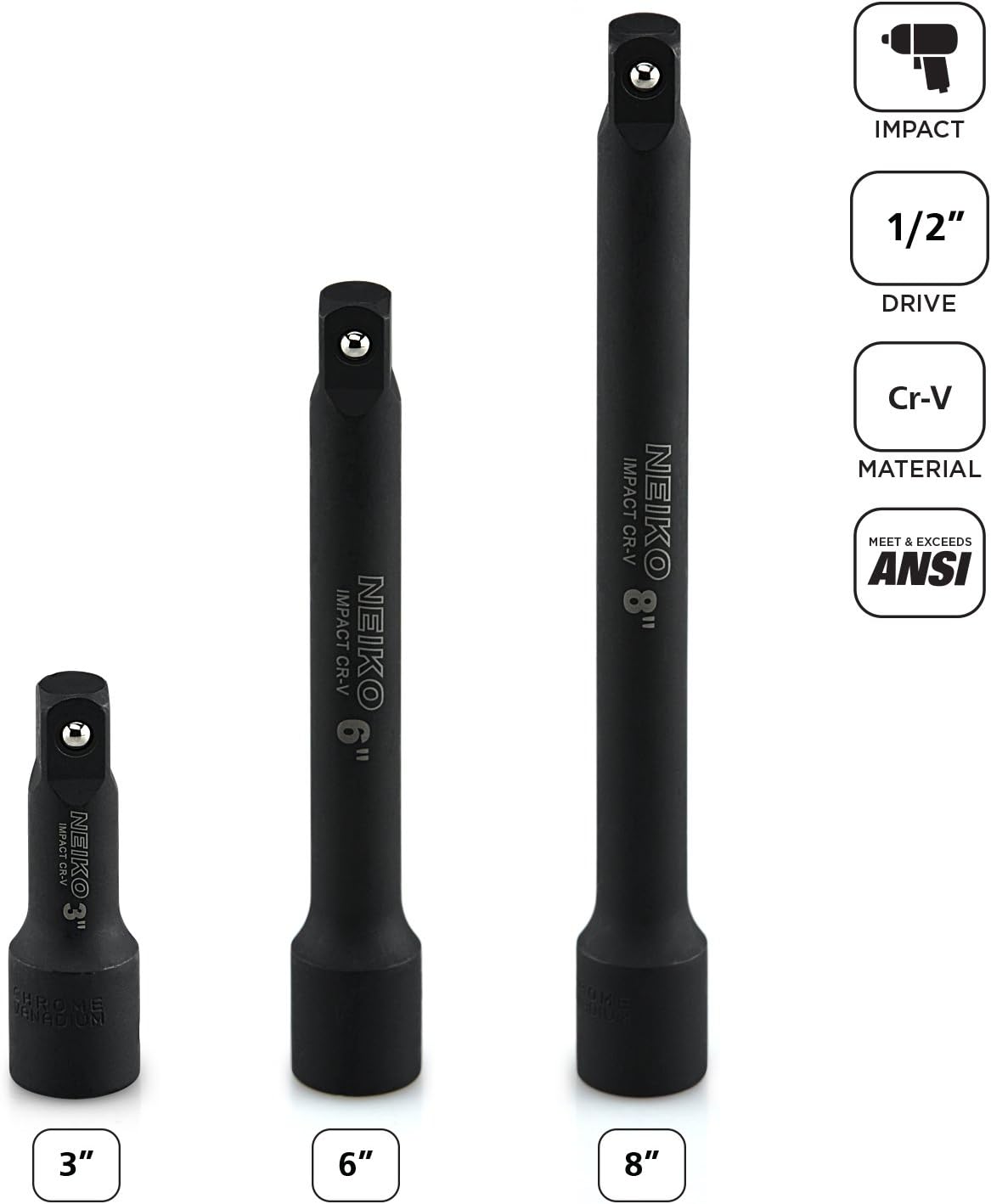 Neiko 00237A 1/2” Drive Impact Extension bar Set, CR-V Steel | 3Piece Set | 3”, 6”, 8”: Home Improvement