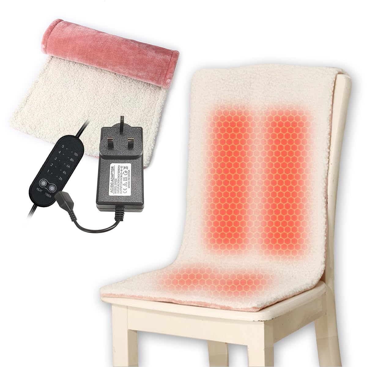 Heated Pad for Office Chair, USB Heated Seat Cushion, 10 Hours Timer & 3 Temperature Settings, Fast Heat Machine Washable Heating Pad for Back Neck Shoulder Pain Relief, 100x40cm, Pink