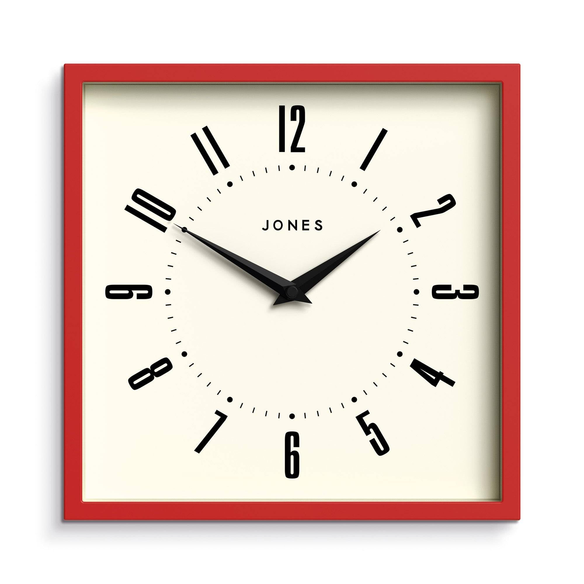 Jones Clocks® Box wall clock | Retro square | 25cm | Red | Easy to read numbers | Perfect kitchen or office clock