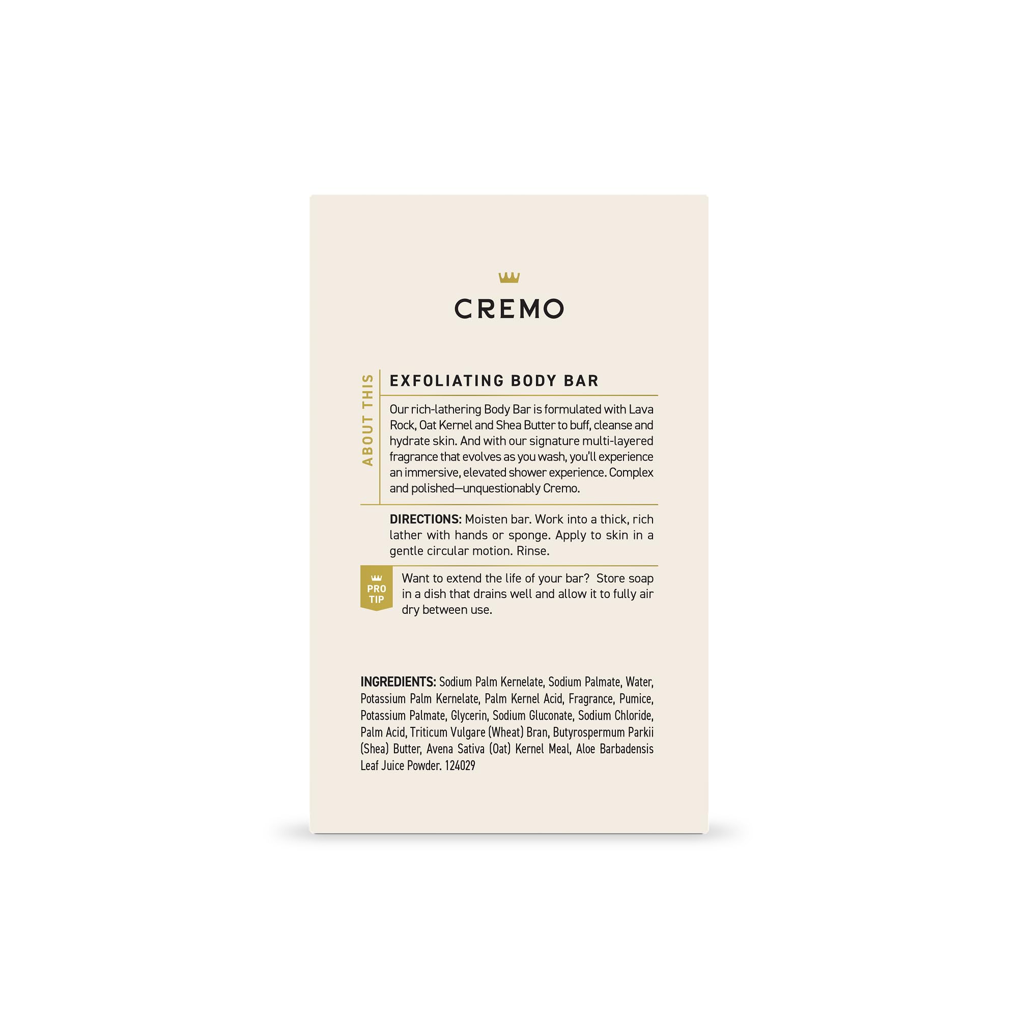 Cremo Exfoliating Body Bar for Men, Bourbon & Oak Scent, Multi-Layered Fragrance That Buffs, Cleanses and Hydrates Skin, 5oz