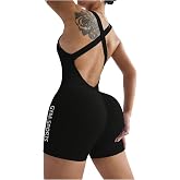 OYOANGLE Women's Workout Romper Ribbed Tummy Control Backless Jumpsuits | Seamless, Letter Print, Scrunch, Backless, Yoga, Gym Outfits