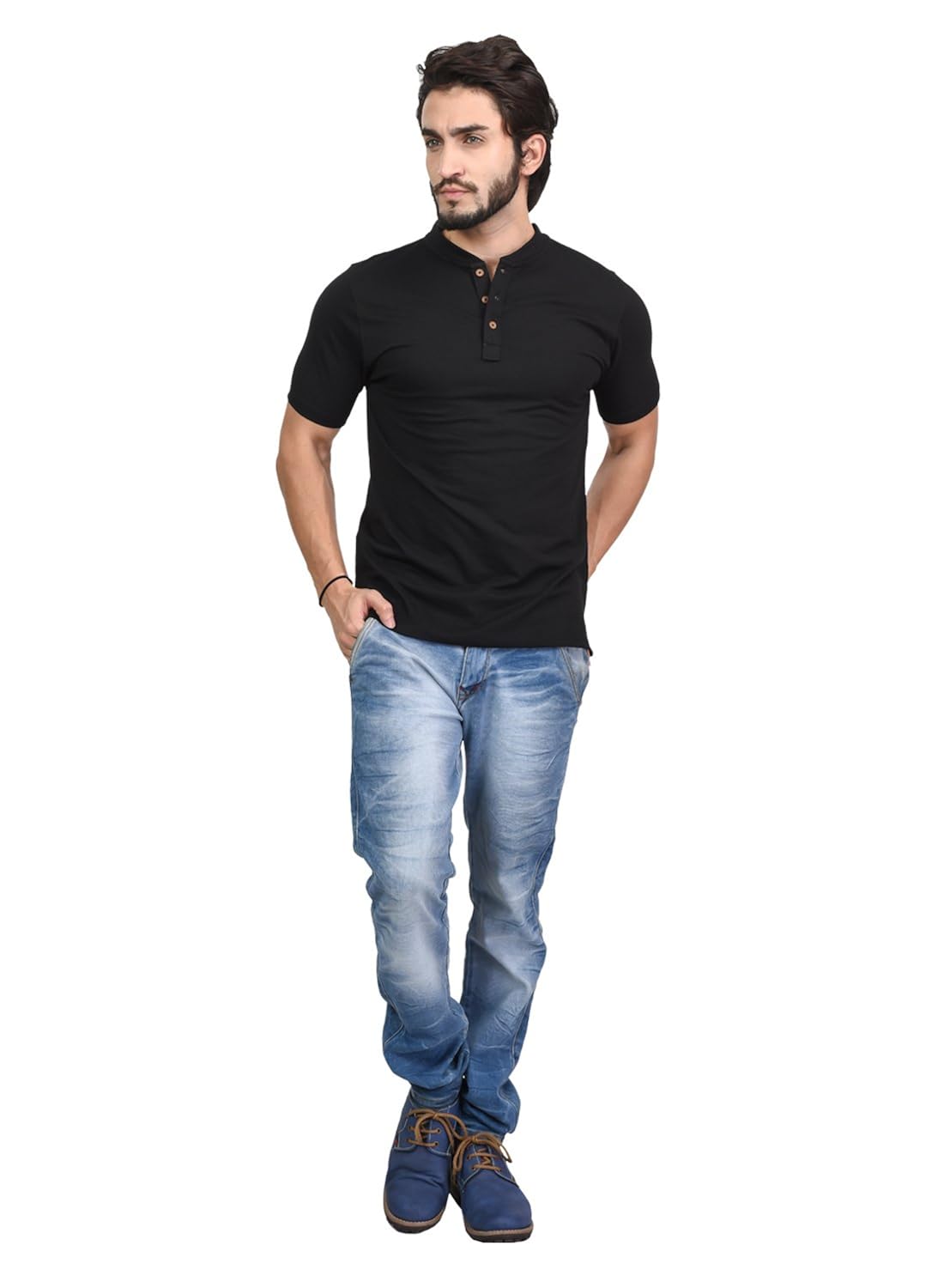 men's plain half sleeves henley neck cotton blend t-shirt (t005)