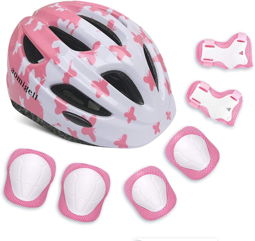 aomigell Kids Helmet Protective Gear Set for 5-8, Boys Girls Helmet Knee Elbow Wrist Pads for Skating Roller Scooter Skateboard Bicycle