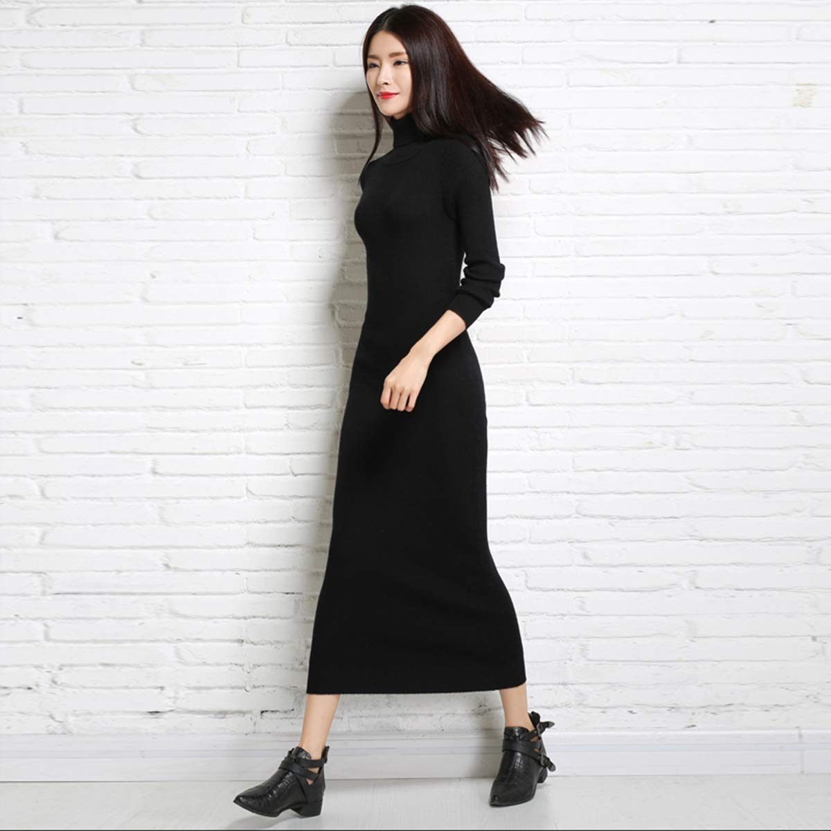 Dresses Women\'s Maxi Dress Turtleneck Cashmere ankle length dress Long Sleeve Slim Fit Stretchable Elasticity (One Size, 1325 Black)