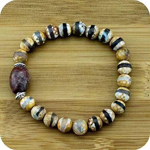 Faceted Brown &amp; White Dzi Fire Agate Mala Bracelet with Granite