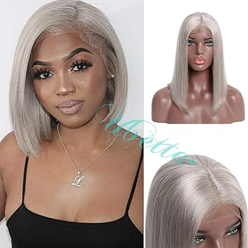 Short Bob Wig Grey 13x6 Deep Part Human Hair Lace Front Wig Glueless Lace Wig For Black Women Pre Plucked Bleached Knots 150 Density Brazilian Virgin