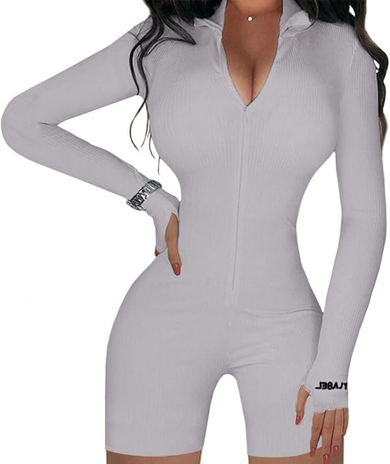 Amazon Hodmexi レディース 刺繍 ジッパー ハイネック 長袖 ボディコン ジャンプスーツ ショーツ ロンパース パーティー クラブウェア アウトフィット ボディスーツ オールインワン 通販