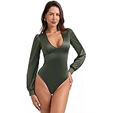 PINKMSTYLE Womens Sexy Satin Silk Plunge V Neck Puff Long Sleeve Bodysuit Going Out Outfit