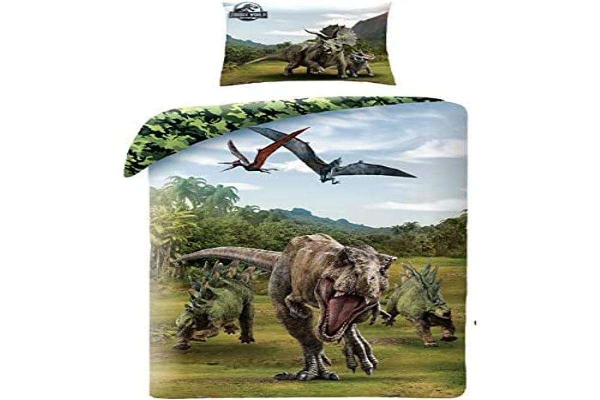 Halantex Jurassic World T.Rex Dinosaur 2-Piece Bedding Set 140 x 200 + 70 x 90 cm Duvet Cover 100% Cotton Oeko-Tex Certified