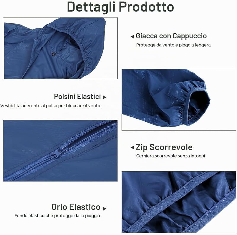 Giacca Impermeabile Uomo Antipioggia Leggera con Cappuccio Outdoor, M