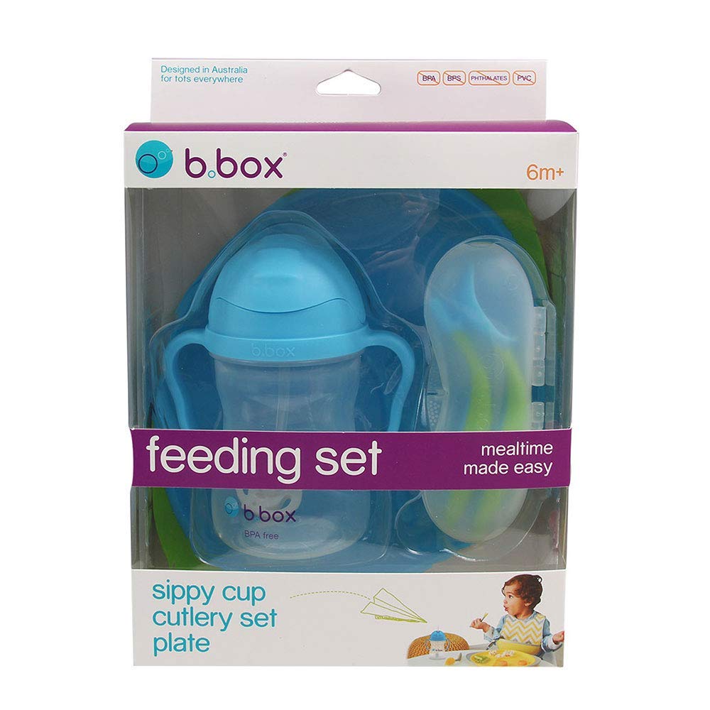 b.Box Feeding Set | Silicone Divided Plate with Spout Cup and 2 Soft Spoons | Easy Clean Adjustable Bib | Ocean Breeze