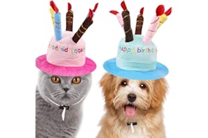 JOBEDE 2PCS Birthday Party Hats for Pets Adorable Plush Cartoon Happy Birthday Cake with Candles Shape Adjustable Hat Strip Hats Set for Dogs Cats Birthday Party Pet Birthday Celebrations (Pink and Blue)