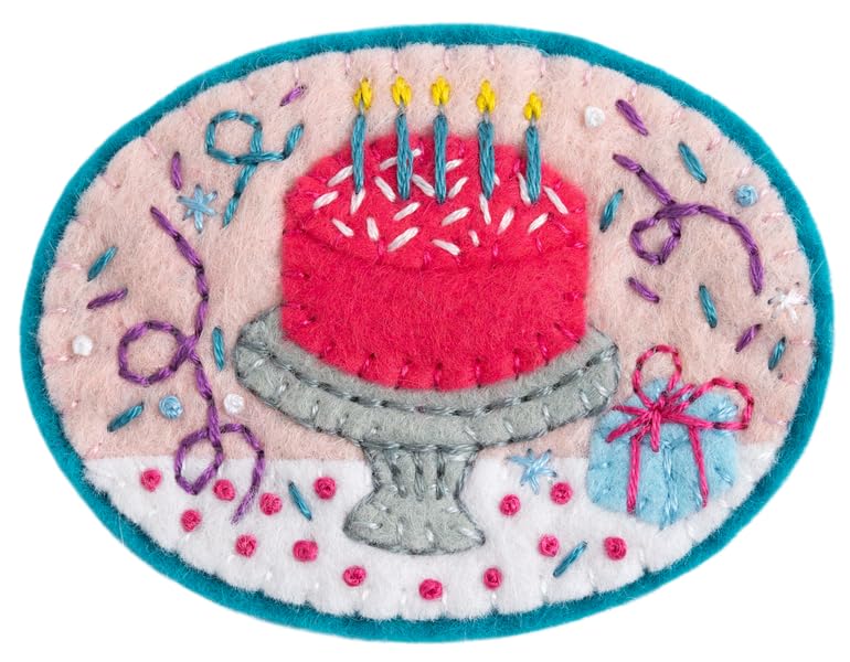 Hawthorn Handmade 'Happy Birthday' Felt Craft Brooch Kit. Craft Kits for Adults, Includes Wool Felt Sheets, DMC Embroidery Thread, Embroidery Needle, & Instructions. Crafts for Adults - 8cm Diameter