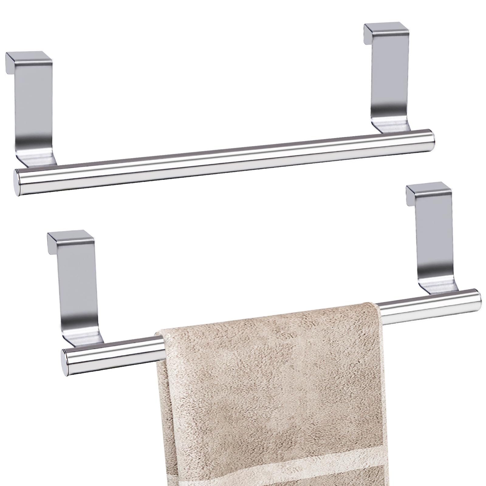 2 Pcs Over The Door Towel Rack, 2 Hooks, Over Cabinet Towel Bar, Stainless Steel Kitchen Dish Towel Holder for Bathroom Cupboard, 8 EVA Foam Protective Mats and 2 Nails, 2 Pack (Silver)