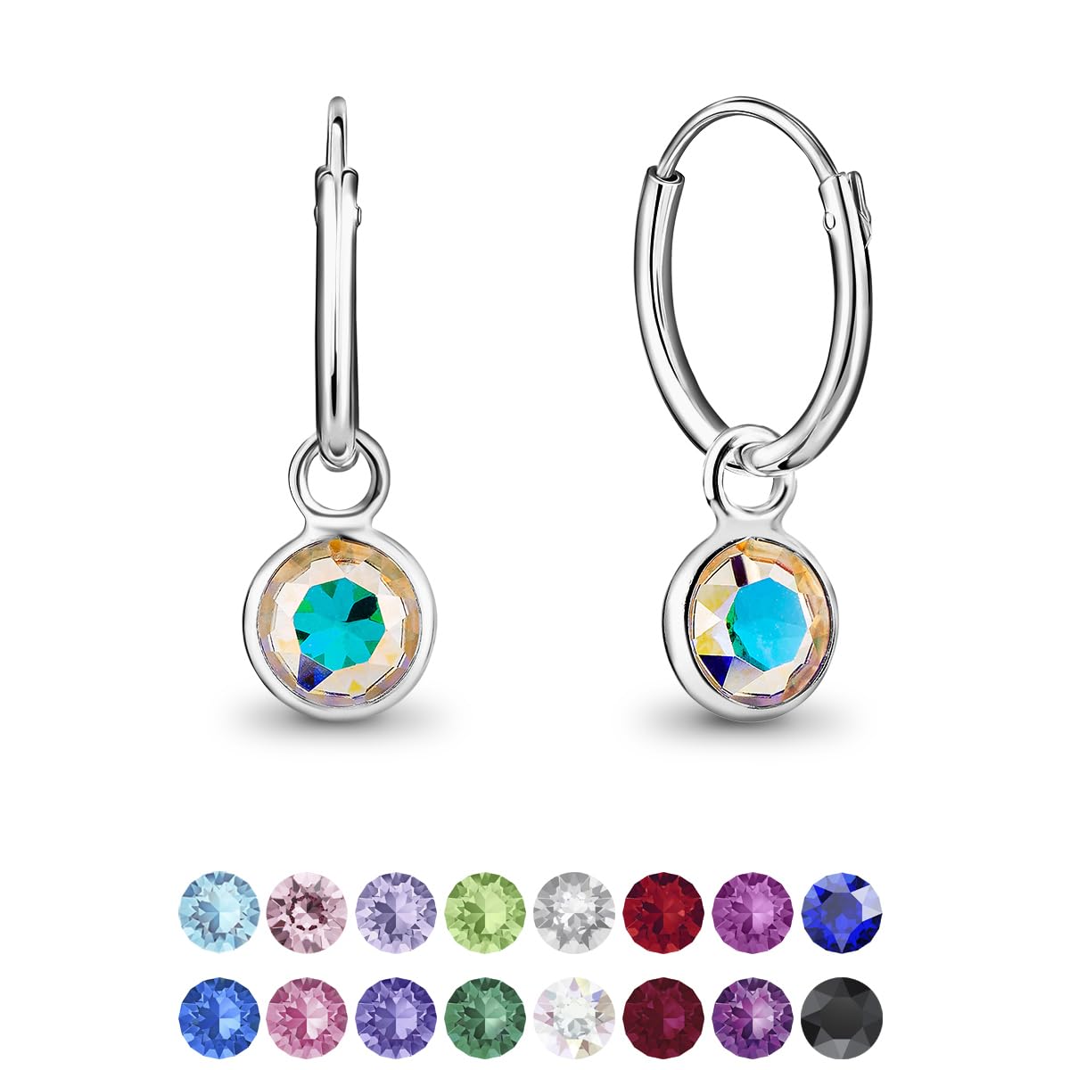 925 Sterling Silver Small Endless Hoops Earrings with Round Dangling Crystals 5 mm - Aurora Borealis Earrings for Women - Thickness 1.5 mm - Outer Diameter: 14 mm