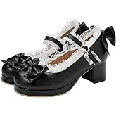 LUXMAX Women Kawaii Mid Block Heel Mary Jane Rockabilly Pumps with Bow Platform Chunky Heel Cute Sweet Shoes