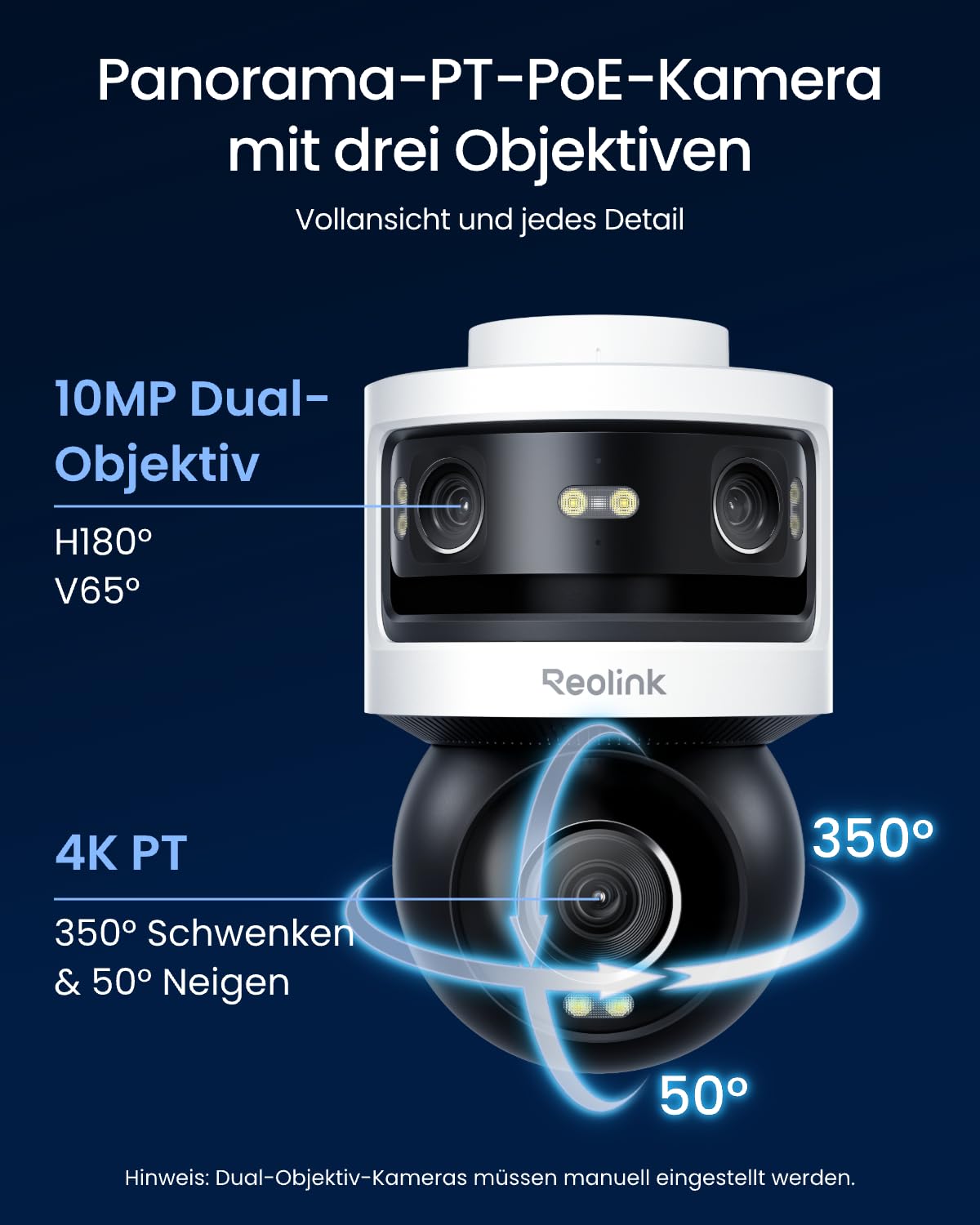 Reolink Dreifachobjektiv PoE Sicherheitskamera für den Außenbereich, 10MP 180° Panorama & 4K PT mit Auto-Tracking, KI-Videosuche, Perimeterschutz, Farb- & IR-Nachtsicht, 24/7-Aufzeichnung, OMVI 3i PoE 4