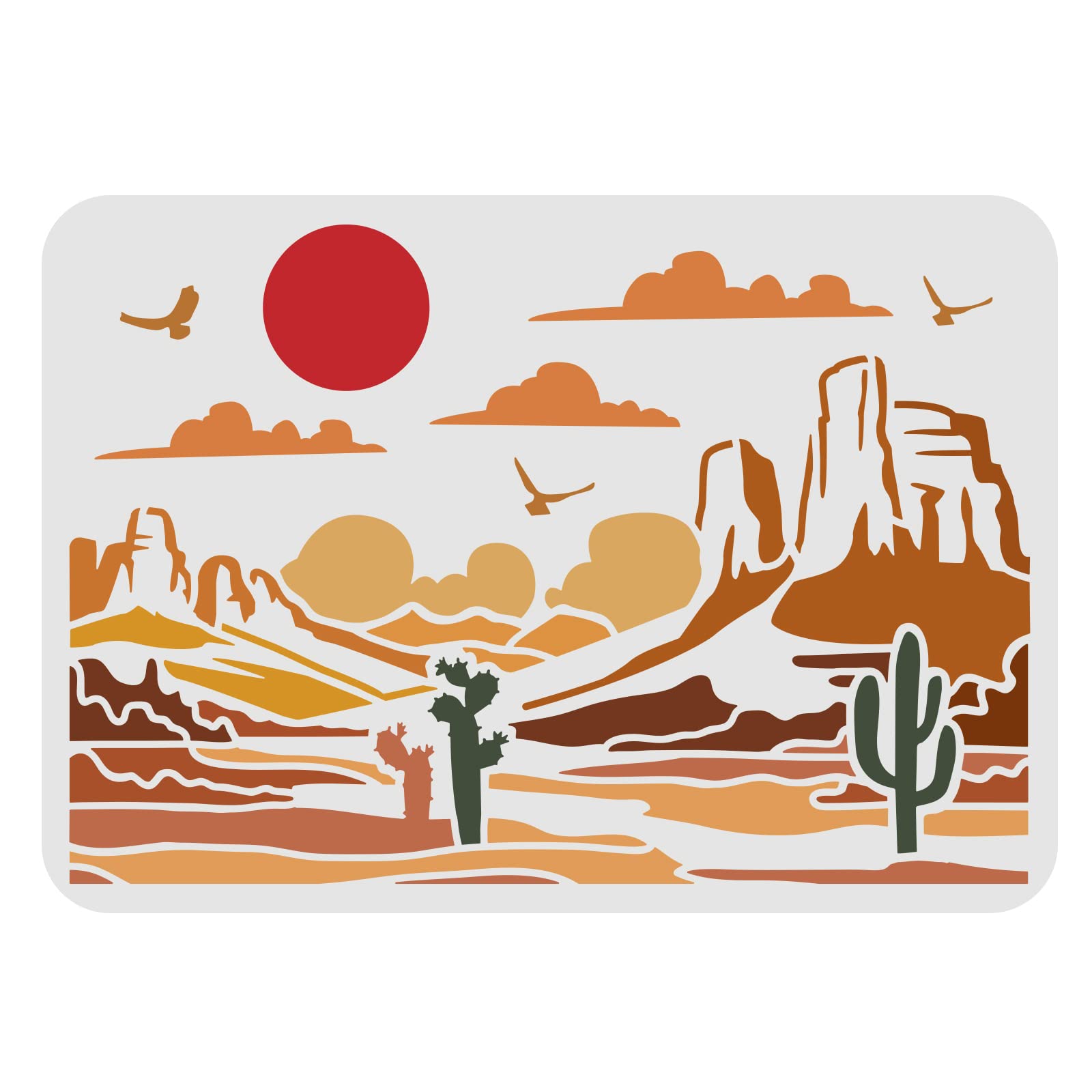FINGERINSPIRE Desert View Stencils - 29.7x21cm, Plastic Gobi Desert, Cactus Sun Birds Pattern, Reusable for Wall, Floor, Wood & Tile