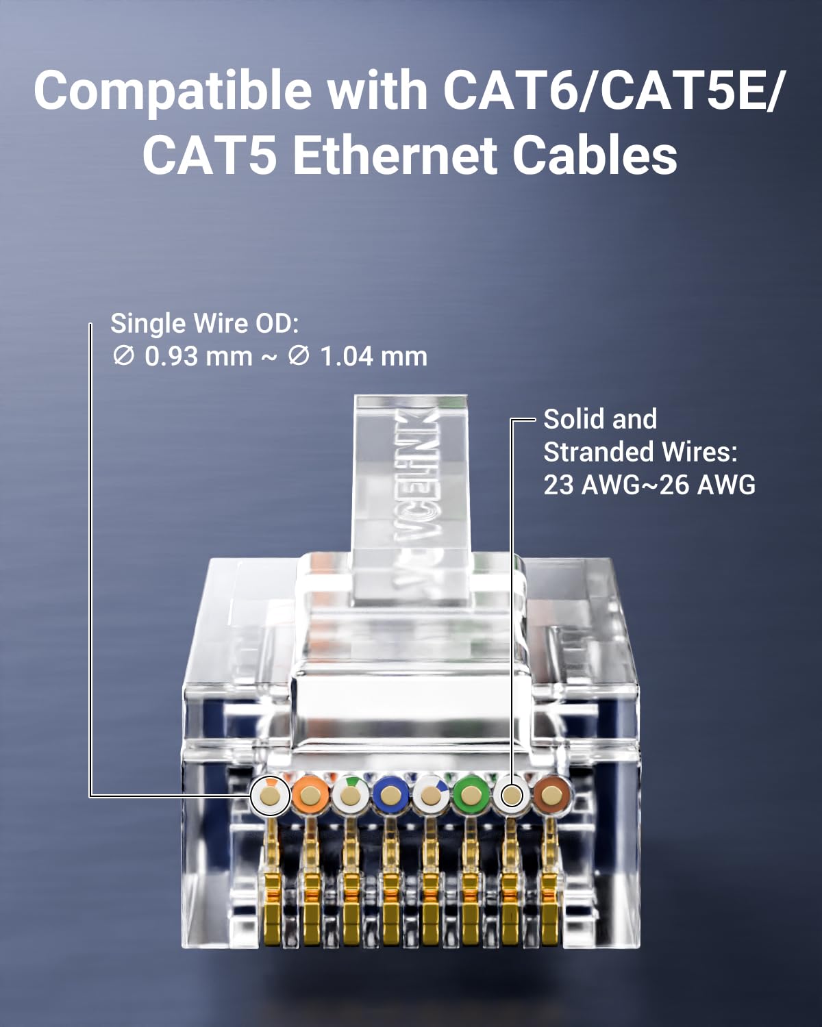 VCE UL Listed Cat6 RJ45 Pass Through Connectors 50-Pack, Cat 6/Cat 5e RJ45 Ends Gold Plated for Solid or Stranded UTP Network Cable Support PoE