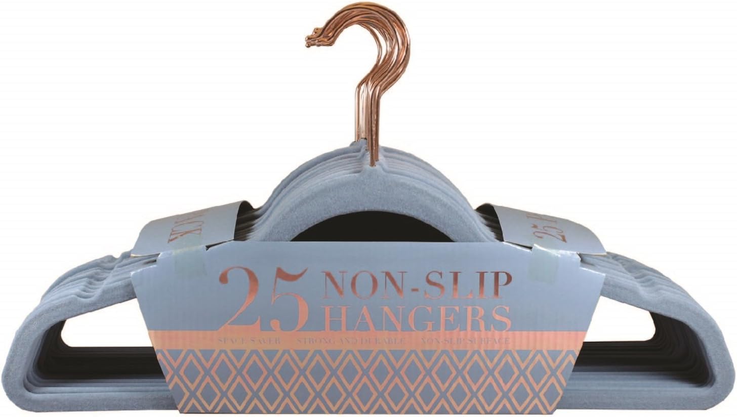 Signature Home Velvet Non Slip - Ultra Thin - Space Saver Hangers, Dusty Blue with Copper Hooks, 25 Piece