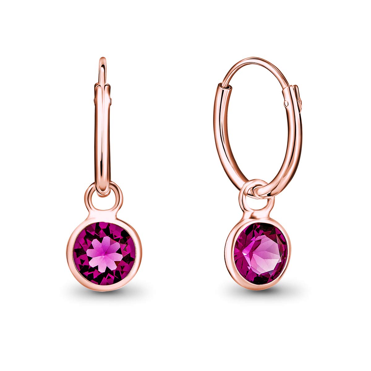 DTPsilver® 925 Sterling Silver Rose Gold Plated SMALL Hoops Earrings - Dangling 5 mm Round Glittering Crystals from Swarovski® Elements - Diameter 12 mm - Colour: Fuchsia — image 1