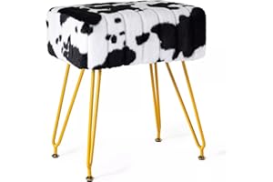 MOOWIND Vanity Stool Chair Faux Fur Vanity Seat Ottoman, Soft Furry Makeup Stool Compact Padded Seat, Modern Decorative Footrest with 4 Metal Legs, Cow