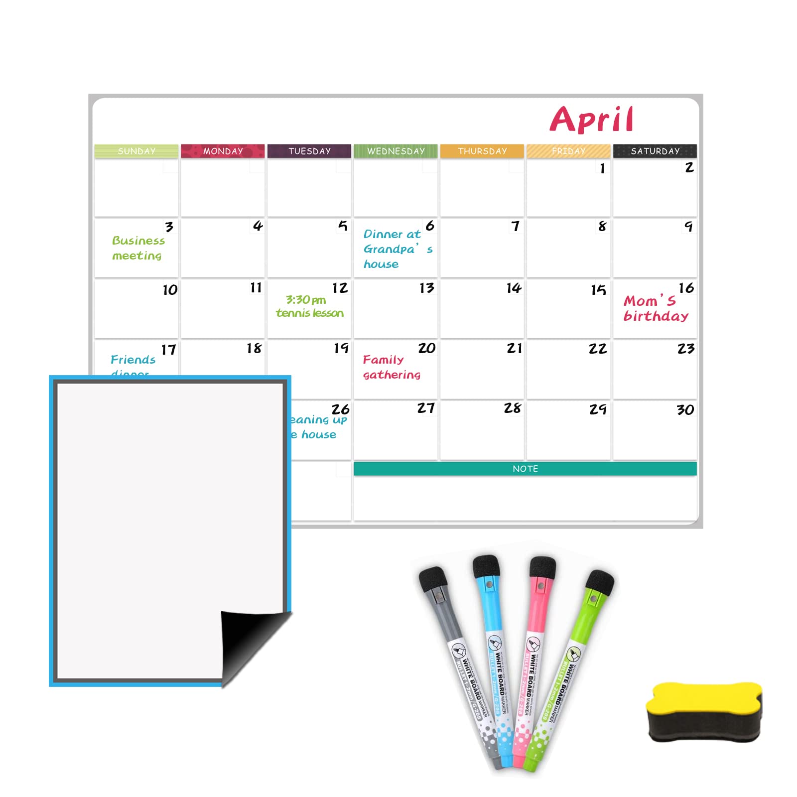 JaoNanl Dry Erase Magnetic Monthly Calendar Whiteboard, Reusable Kitchen Fridge Planner, White Blank Board with 4 Fine Point Markers and Magnetic Eraser Perfect for Refrigerator, Office, Classroom